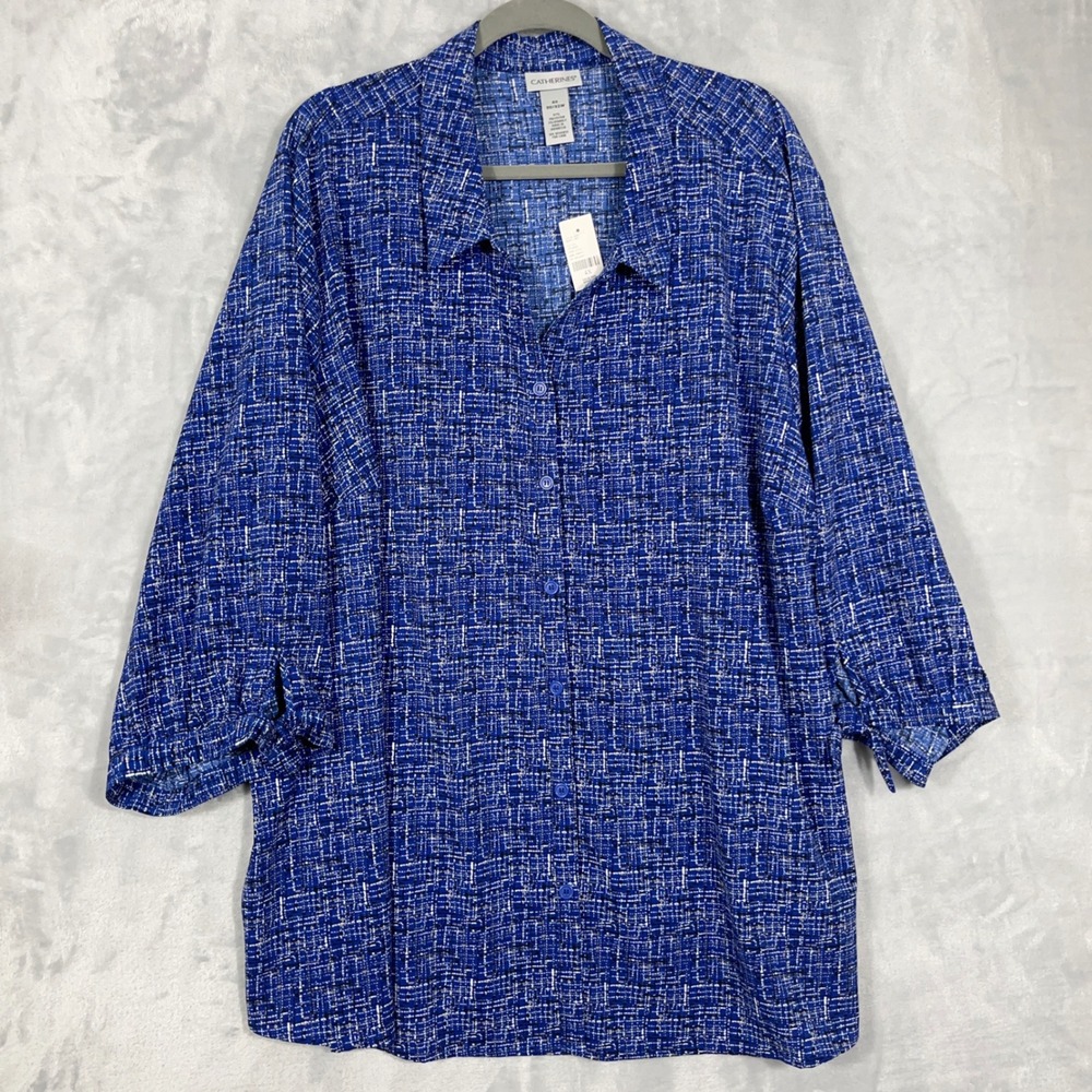 Catherines Womens Top 4X Blue Abstract Button Down Tie Cuff Plus Size Blouse NWT